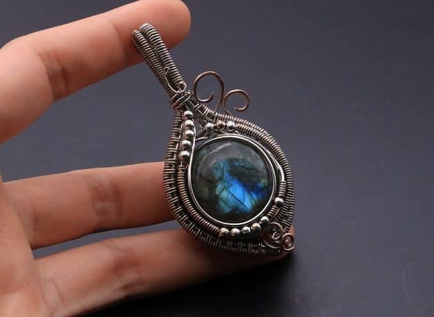 Wire-Wrapping Coiled Round Labradorite Silver Beaded Pendant Tutorial 128