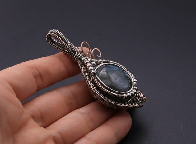 Wire-Wrapping Coiled Round Labradorite Silver Beaded Pendant Tutorial 130