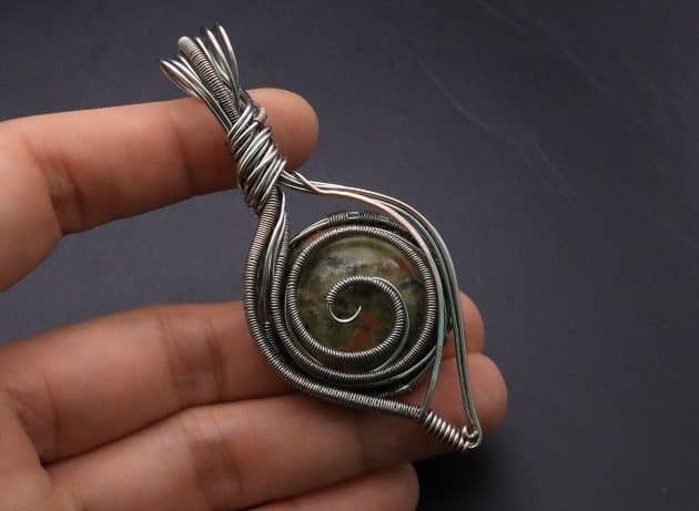 Wire-Wrapping Spiral Unakite Stone Silver Leaf Pendant Tutorial 96