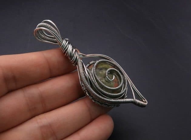 Wire-Wrapping Spiral Unakite Stone Silver Leaf Pendant Tutorial 98