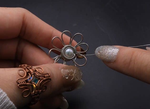 Wire-Wrapping Silver Dangle Pearl Flower Earrings Tutorial 39