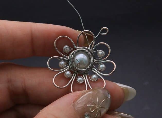 Wire-Wrapping Silver Dangle Pearl Flower Earrings Tutorial 51