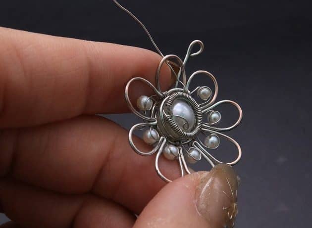 Wire-Wrapping Silver Dangle Pearl Flower Earrings Tutorial 52
