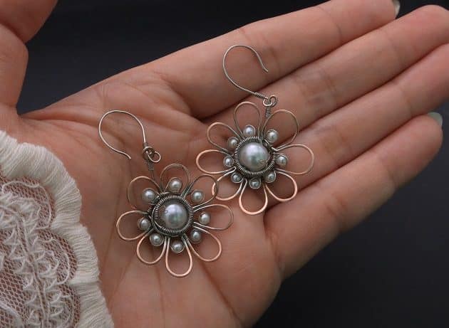 Wire-Wrapping Silver Dangle Pearl Flower Earrings Tutorial 70