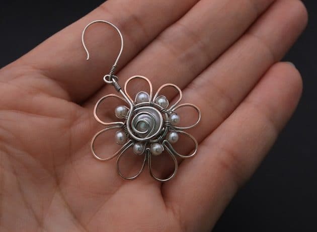 Wire-Wrapping Silver Dangle Pearl Flower Earrings Tutorial 79